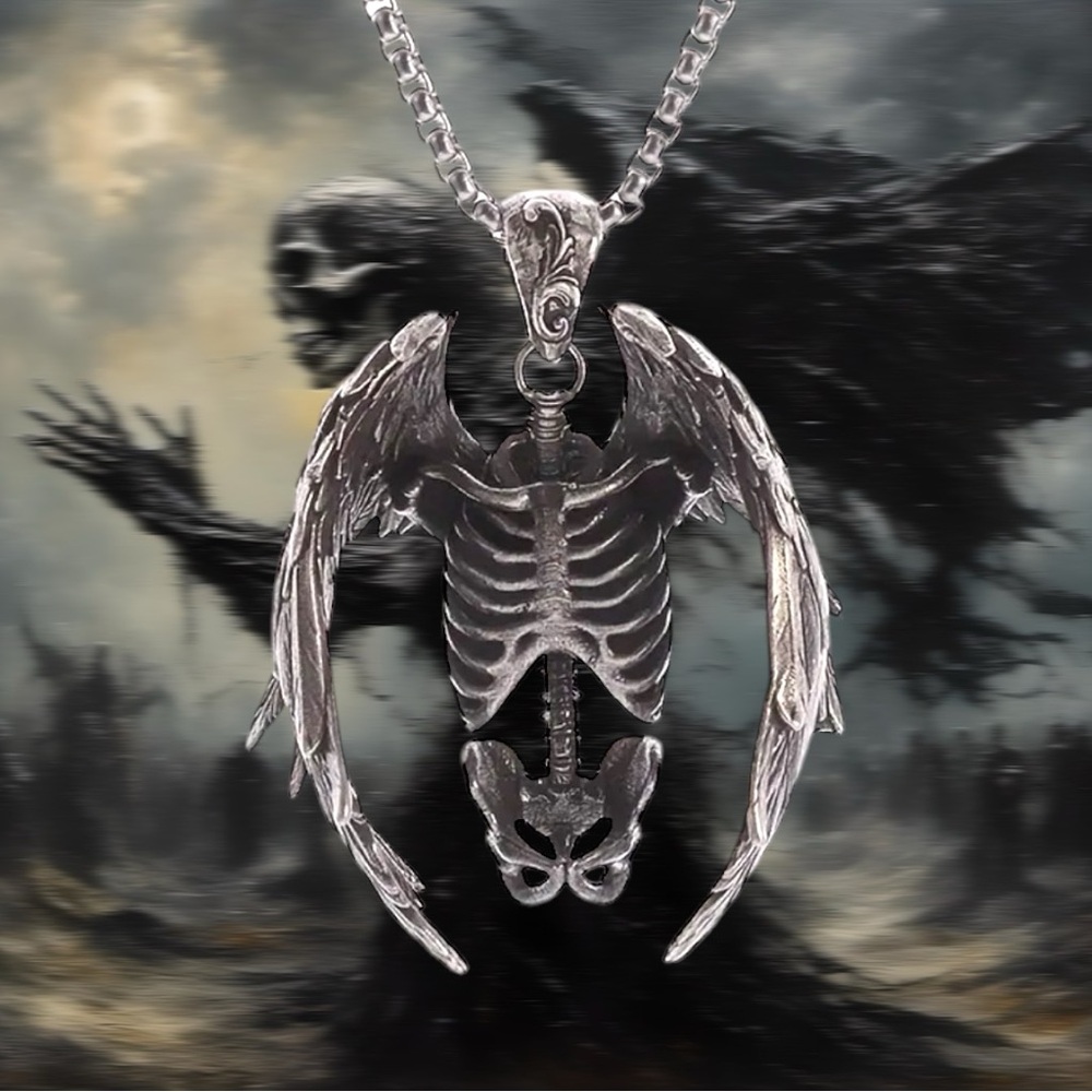🆕 Gothic Wings Grim Reaper Skeleton Pendant, Necklace - Punk Rock 🩻